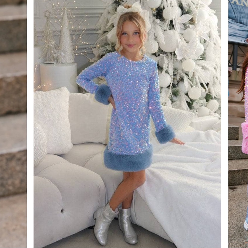 Lola + the boys Celeste sequin dress blue fur detail light blue - Picture 2 of 6